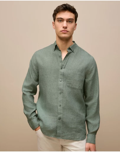 Trenery - Regular Fit Delave Linen Long Sleeve Shirt in Evergreen