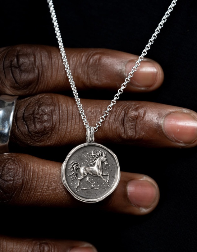 Dower & Hall - Men's Fire Horse Talisman Necklace in Oxidised Sterling Silver