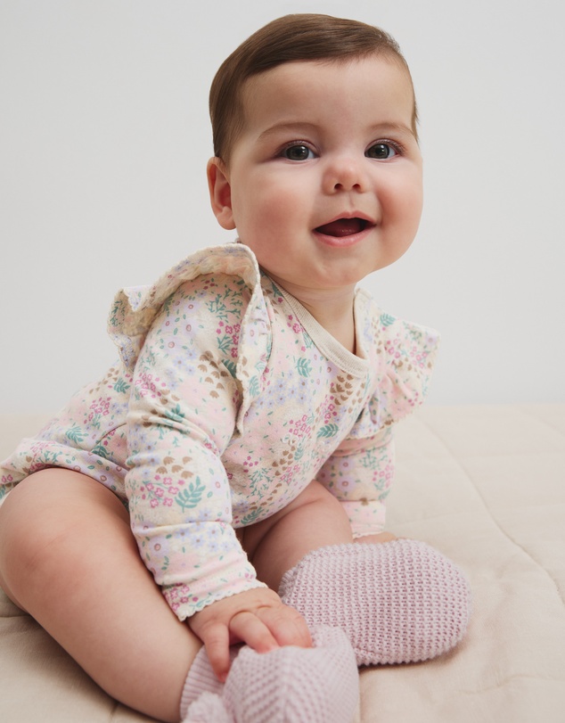 Country Road - Organically Grown Cotton Blend Frill Long Sleeve Logo Bodysuit