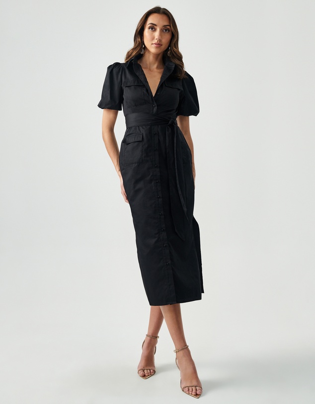 midi dress with sleeves and slit 525 America Off-The-Shoulder Maxi Dress