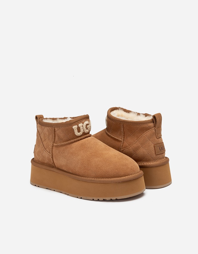 Ozwear Connection Uggs - Ugg Classic Platform Knit Logo Matelassé Ultra Mini Boot