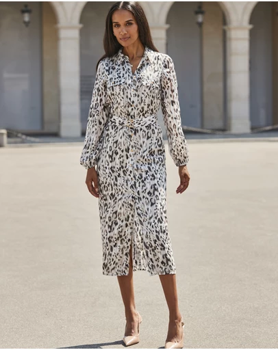 Sosandar - Grey Leopard Print Belted Shirt Dress