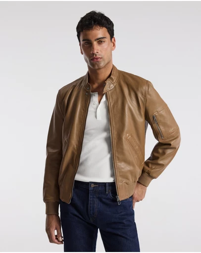 Calibre - Stand Collar Leather Bomber Jacket Camel