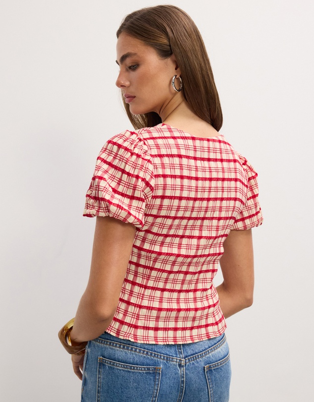 The Fated - Adela Check Puff Sleeve Top