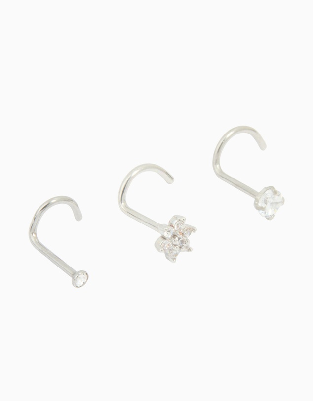 Lovisa - Surgical Steel Cubic Zirconia Floral & Classic Threadless Nose Studs 3-Pack