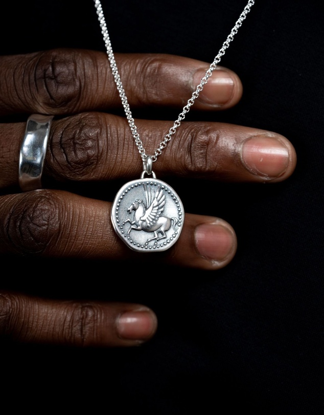 Dower & Hall - Men's 'Overcome and Thrive' Pegasus Talisman Necklace In Sterling Silver