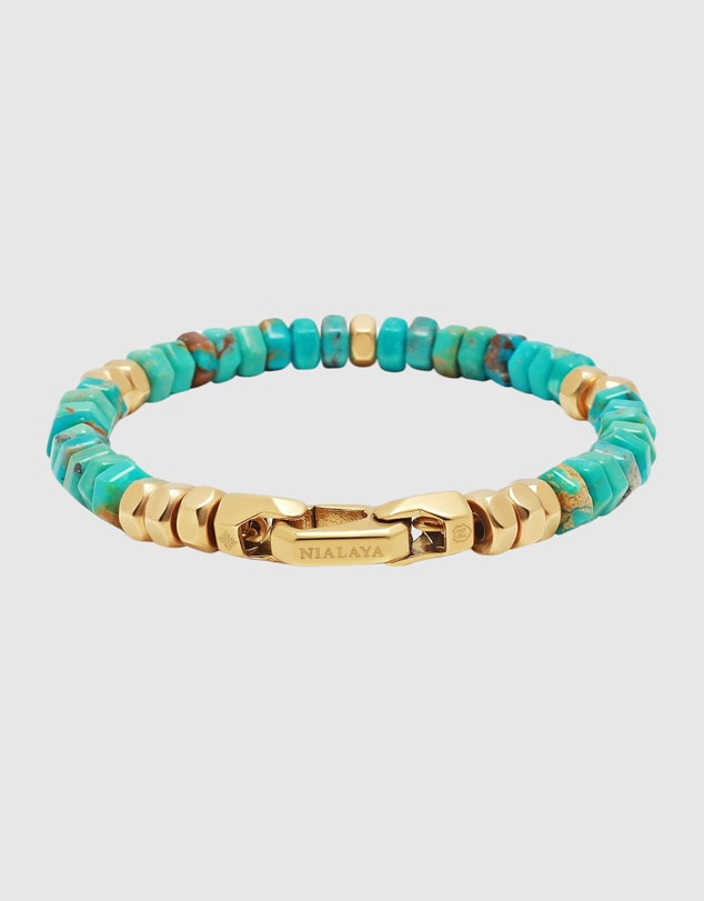 Nialaya Jewellery - Men's Hexagon Beaded Bracelet with Turquoise and Gold
