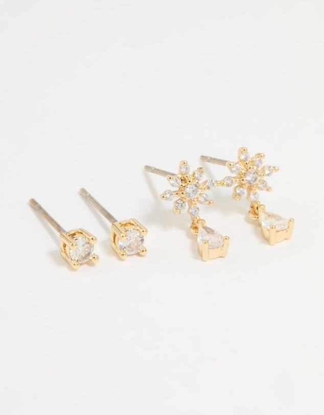 Lovisa - Gold Plated Cubic Zirconia Classic & Flower Teardrop Earrings 2-Pack