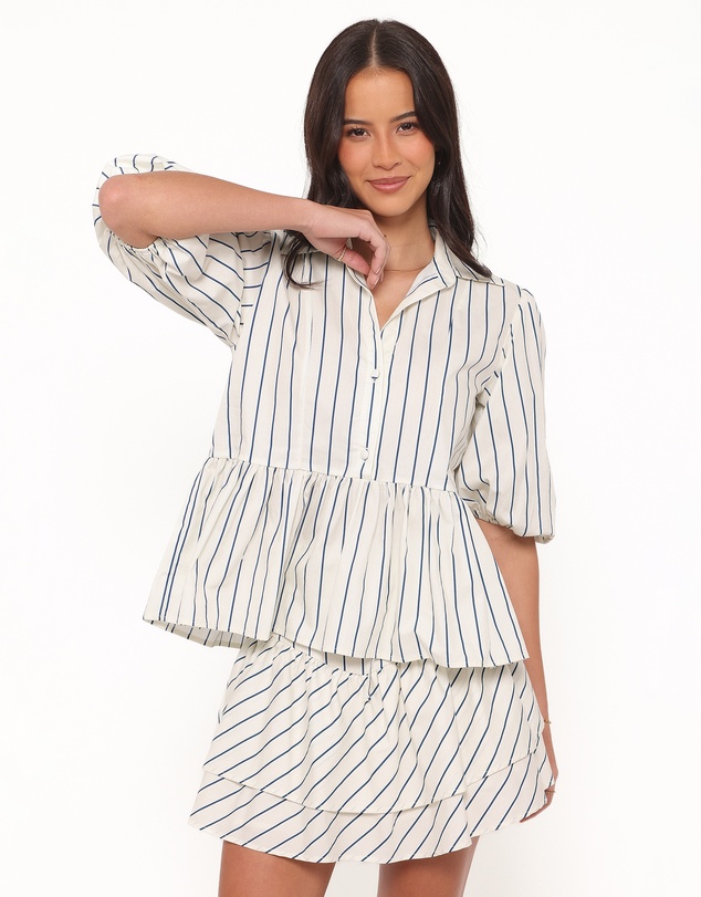 Petal & Pup - Thomas Short Sleeve Peplum Top - Yellow/Blue Stripe