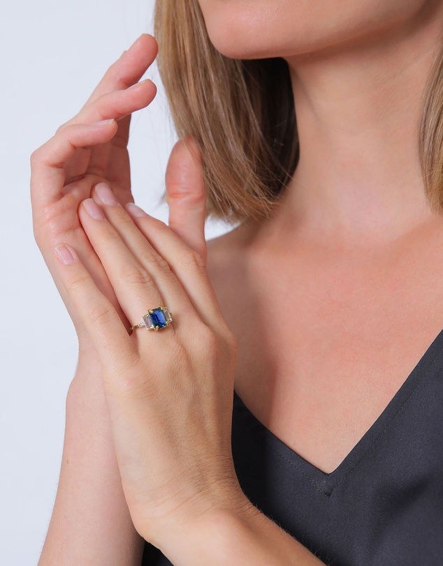 Elli Jewelry - Ring with Stones Rectangle Sapphire 925 Sterling Silver Gold-plated