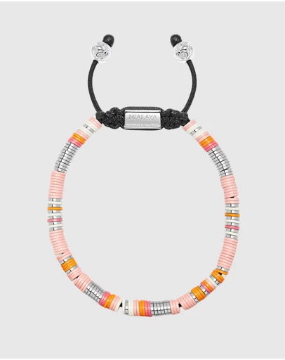 Nialaya Jewellery - Men's Beaded Bracelet with Pink and Silver Disc Beads