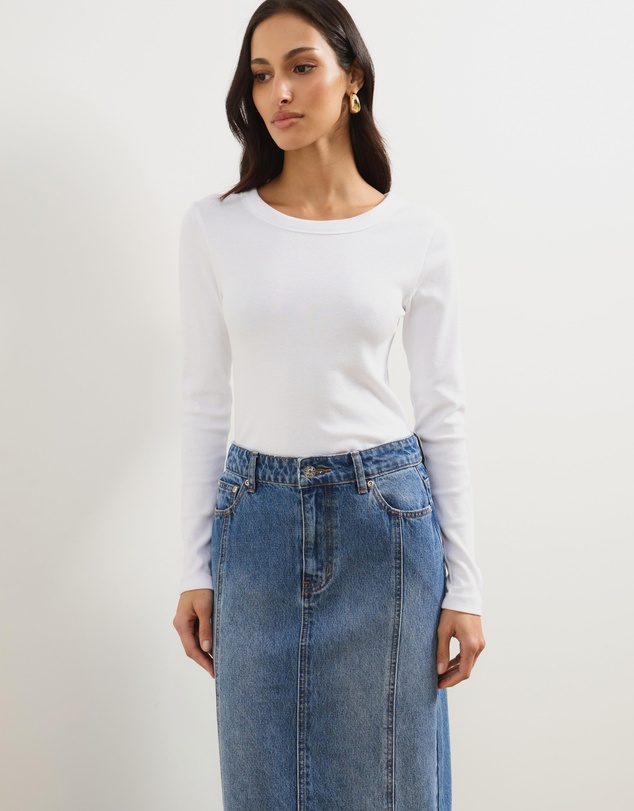 Atmos&Here - Straight Denim Maxi Skirt With Seam Detail