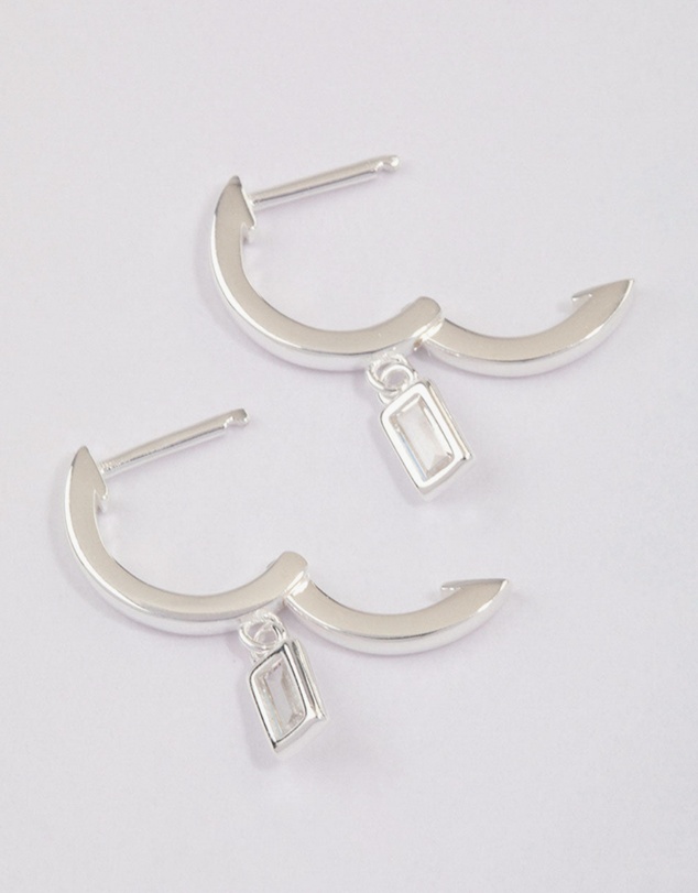 Lovisa - Sterling Silver Cubic Zirconia Baguette Drop Huggie Earrings