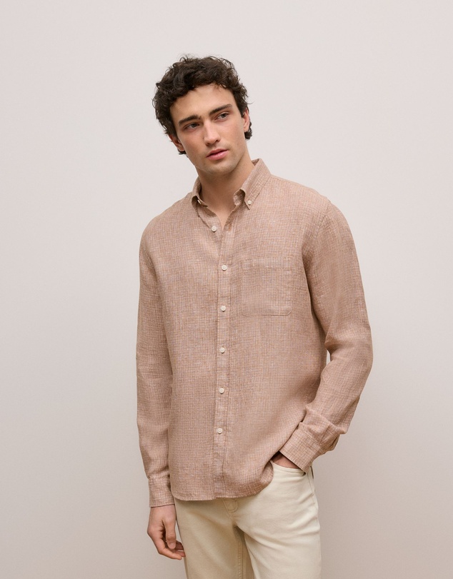 Trenery - Regular Fit Yarn Dyed Linen Grid Shirt in Camel