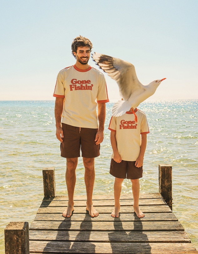 Skwosh - Gone Fishin Kids Boxy Ringer Tee in Off White