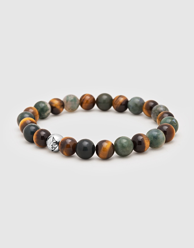 Nialaya Jewellery - Men's Wristband with Aquatic Agate, Brown Tiger Eye and Silver