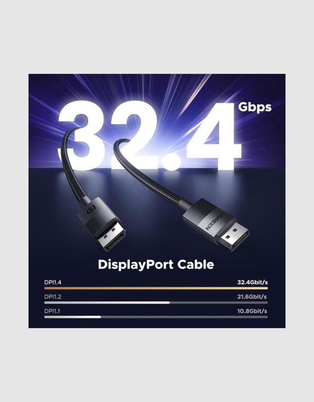 Ugreen - UGREEN 80390 DisplayPort 1.4 Male to Male Braided Cable 1m – 8K 4K 2K Dynamic HDR HDCP 2.2