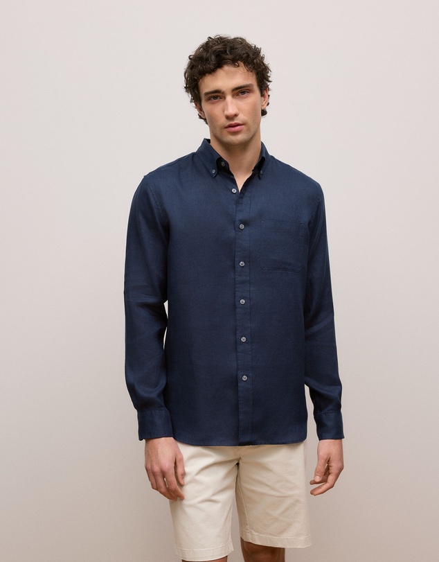 Trenery - Regular Fit Linen Classic Long Sleeve Shirt in Navy