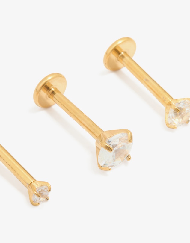 Lovisa - Gold Plated Titanium Cubic Zirconia & Plain Flat Back Studs 3-Pack