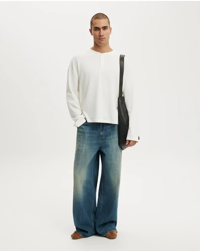 Cotton On - Relaxed Fit Textured Henley Long Sleeve