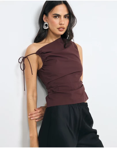 AERE - Evie Asymmetric Ruched Poplin Top
