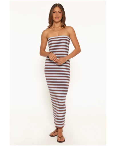 Petal & Pup - Latoya Strapless Midi Dress - Blue Mocha Stripe