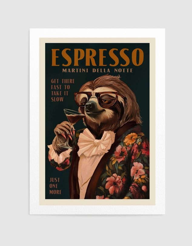 Olive et Oriel - Art Deco Espresso Martini Drinking Sloth by The Whiskey Ginger Art Print