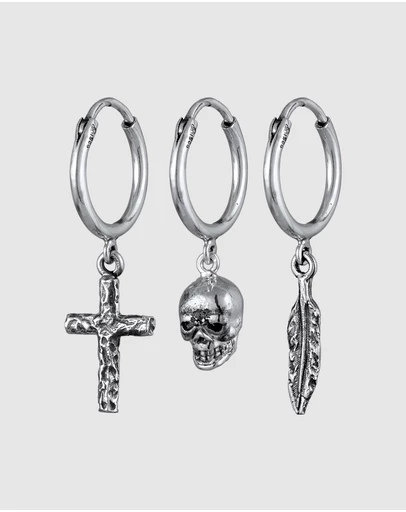 Kuzzoi - ICONIC EXCLUSIVE - Earrings Set Cross Skull Feather in 925 Sterling Silver