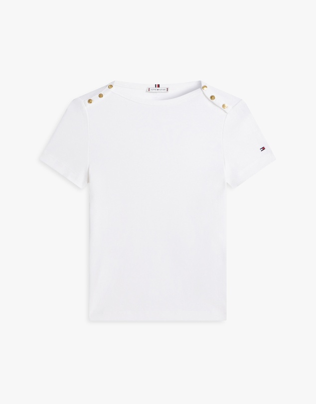 Tommy Hilfiger - Gold-Tone Button Slim Boat Neck T-Shirt