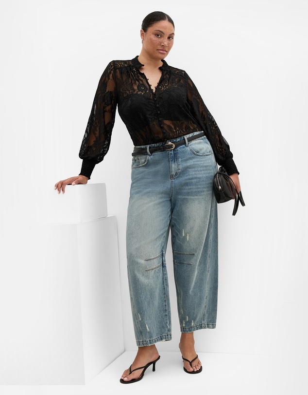 City Chic - Plus size Liv Sheer Lace Long Sleeve Blouse - black