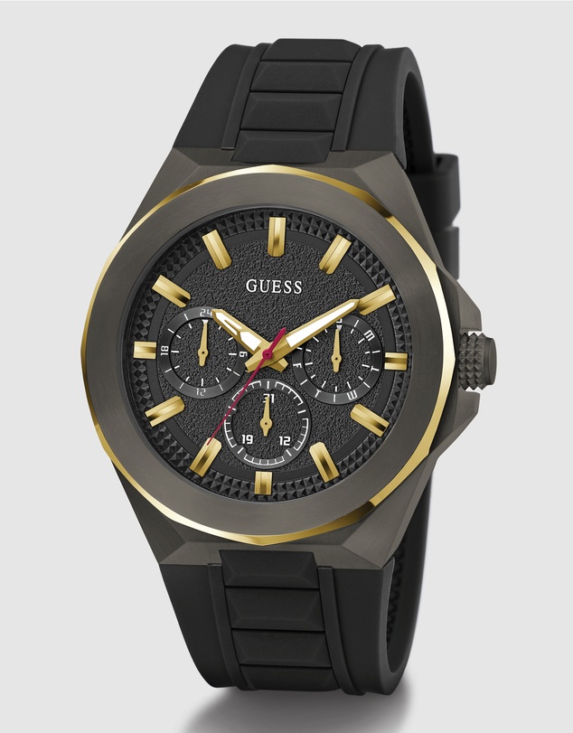 GUESS - Multifunction Gold-Tone 46mm Black Dial and Silicone Strap Men's Watch