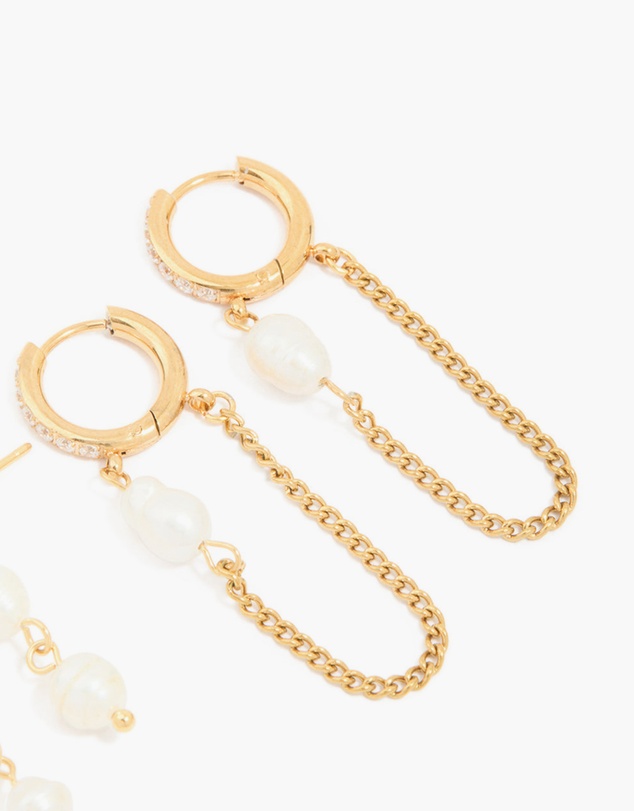 Lovisa - Waterproof Gold Plated Stainless Steel Pearl Drop & Chain Earrings 2-Pack