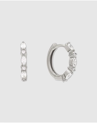 Wanderlust + Co - Marquise Pave Silver 11mm Huggie Earrings