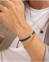Nialaya Jewellery - Men's Dark Green String Bracelet with Gold Evil Eye