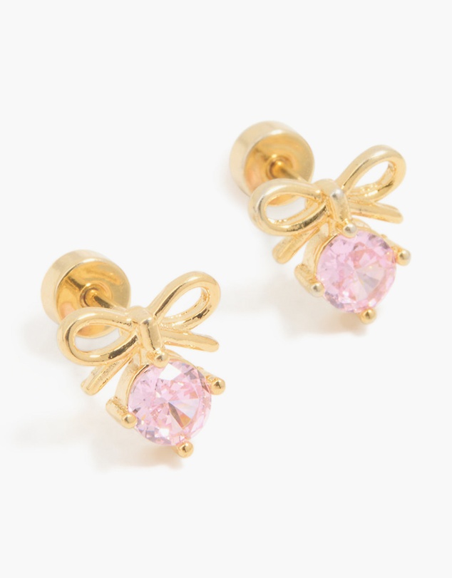 Lovisa - Kids Gold Plated Surgical Steel Pink Cubic Zirconia Bow Flat Back Earrings