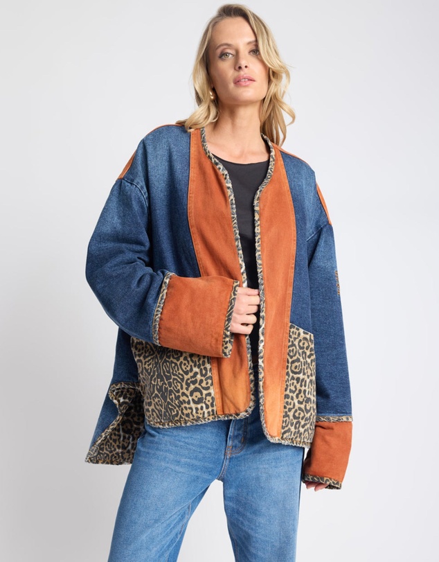 ONE TEASPOON - Bang Bang Reversible Colour Blocked Denim Wadded Jacket - Animal Blue Rust