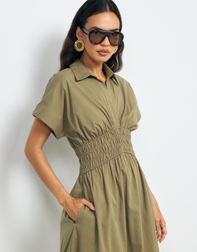 AERE - Carmine Shirred Waist Shirt Dress