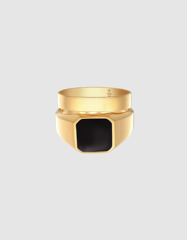Kuzzoi - ICONIC EXCLUSIVE - Classic Band and Signet Ring Set in Gold-Plated 925 Sterling Silver