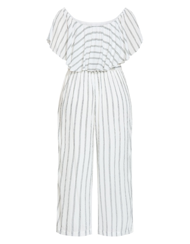 City Chic - Plus size Emery Off Shoulder Stripe Jumpsuit - ivory