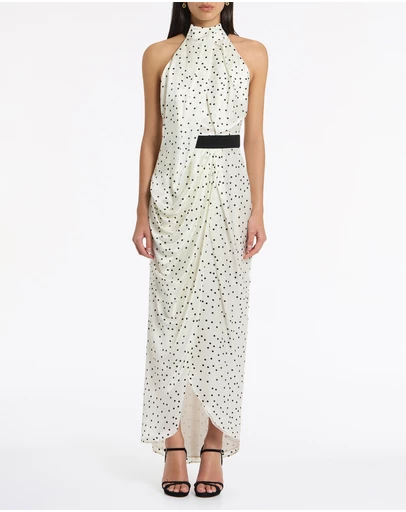 Carla Zampatti - Monochrome Dot Silk Viscose Halter Draped Gown