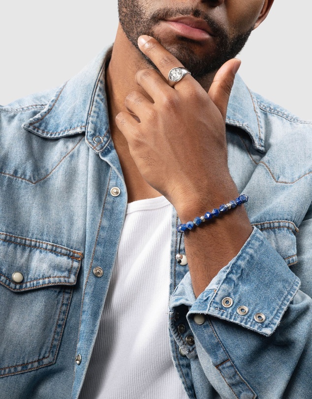 Nialaya Jewellery - Men's Sterling Silver Faceted Beaded Bracelet with Lapis Lazuli