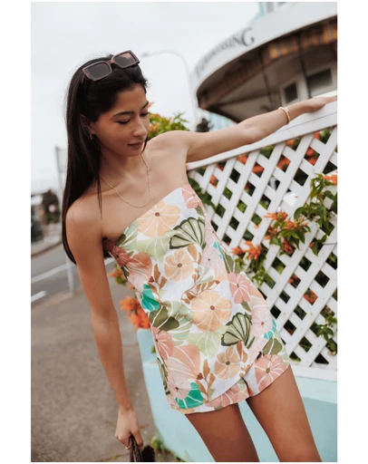 Petal & Pup - Rosemarie Strapless Top - Retro Orange Green Floral