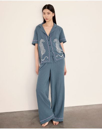 Cream Leopard Embroidery Blue
