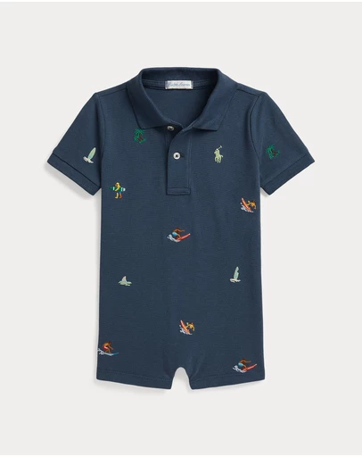 Polo Ralph Lauren - Embroidered Cotton Mesh Polo Shortall - Babies