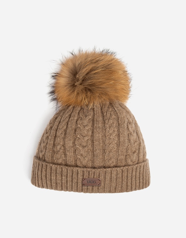 Ozwear Connection Uggs - Ugg Cable Knit Pure Cashmere Beanie With Detachable Pom Pom (Raccoon)