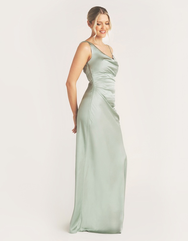 Six Stories - Cowl Front Asymmetrical Satin Bridesmaid Dress