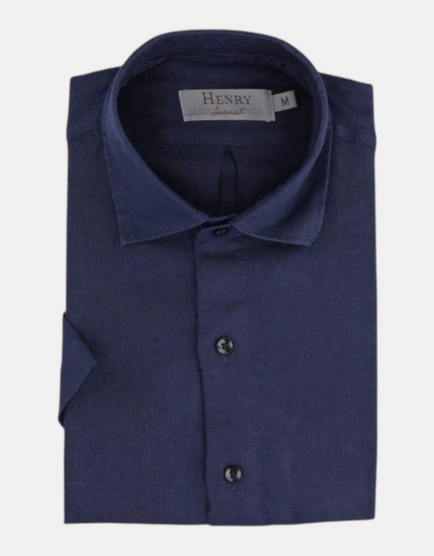 Henry Bucks - HENRY SARTORIAL Linen Classic Fit Short Sleeve Shirt NAVY