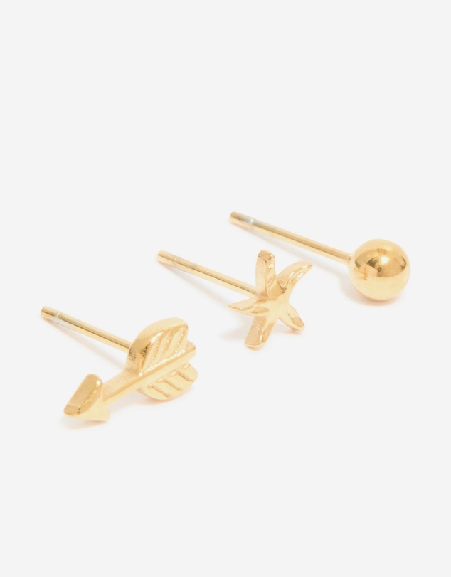 Lovisa - Waterproof Gold Plated Stainless Steel Mixed Motif Stud Earrings 3-Pack
