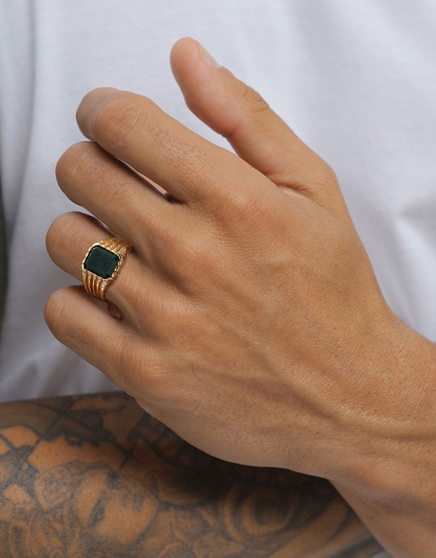 Kuzzoi - ICONIC EXCLUSIVE - Green Quartz Signet Ring in Gold-Plated 925 Silver