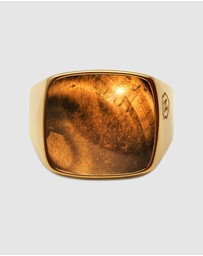 Nialaya Jewellery - Men's Gold Signet Ring with Brown Tiger Eye